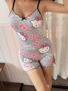 SANRIO 1件KT猫灰色吊带连体衣，夏季新款卡通蝴蝶结印花修身睡衣，V领开衩短裤睡裙，可爱休闲家居服，适合户外穿着 - 淺灰色 - 查看 5