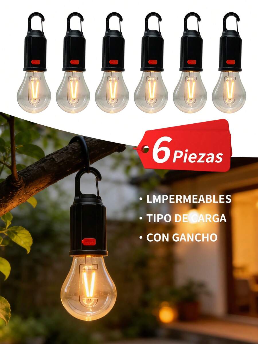 6-Piece LED Camping Light Type C, USB Rechargeable, Waterproof, Tent Light With Hook, 3 Outdoor Lighting Modes, Tent Lamp, Waterproof, For Outdoor Use, For Home. - 6 piezas - 查看 1