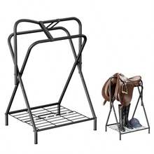 Foldable Saddle Rack With Bottom Storage Shelf Heavy Duty Horse Saddle Stand For English And Western Saddles Portable Blanket Holder And Saddle Pad Rack For Tack Room Barn And Trailer Black - As Pic - View 1