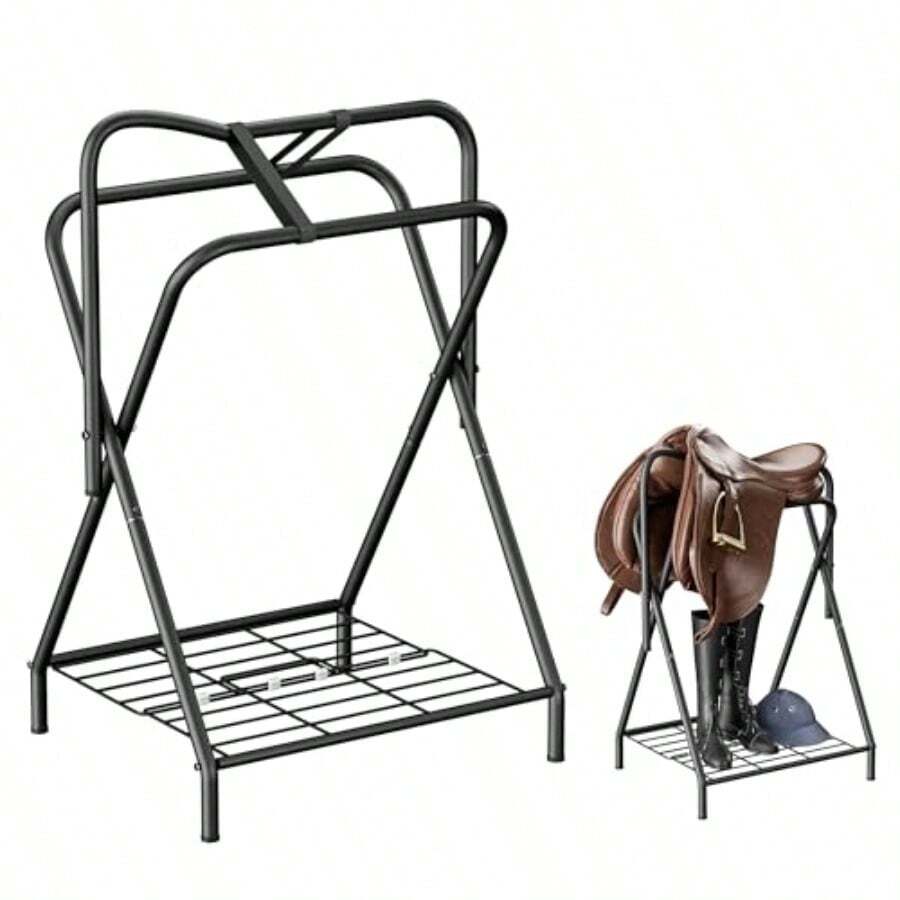 Foldable Saddle Rack With Bottom Storage Shelf Heavy Duty Horse Saddle Stand For English And Western Saddles Portable Blanket Holder And Saddle Pad Rack For Tack Room Barn And Trailer Black - As Pic - View 1