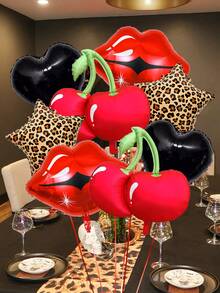 Set de 8 globos con estampado de leopardo de cereza negra y roja, incluye globos de cereza roja, labios rojos, corazones negros y globos con estampado de pentágono de leopardo, adecuado para decoración de despedida de soltera, fiesta de cumpleaños de mujer, fiesta con tema de selva, despedida de soltera, ceremonia de graduación o reunión de club; tema salvaje y dulce - Multicolor - Ver 3
