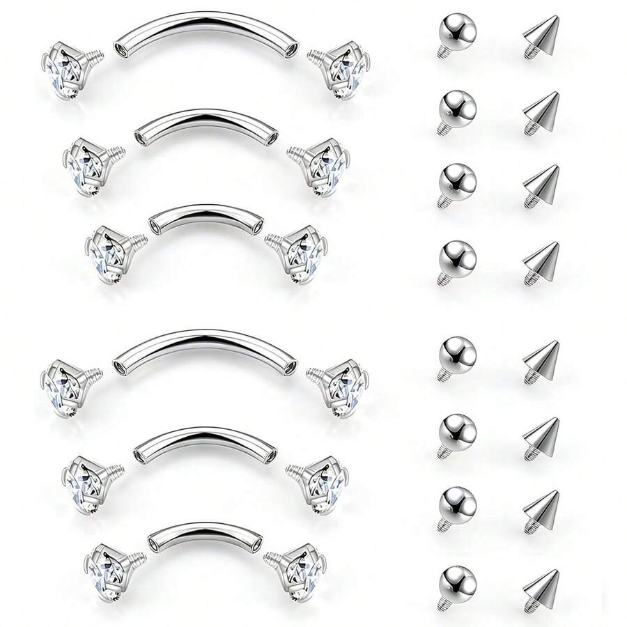 22Pcs Sets 16G Eyebrow Piercing Jewelry Rook Earrings For Women Internal Thread Curved Barbell CZ Eyebrow Rings Vertical Labret Lip Jewelry Ear Rook Stud Small Tiny Belly Button Ring 6mm/8mm/10mm - Silver - View 1