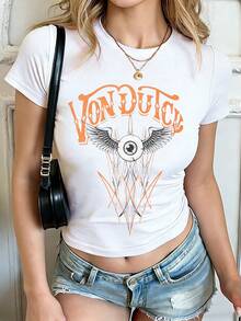 Van Dutch Retro Cursive Script Letter Graphic T-Shirt For Women, Y2K Streetwear Slim Fit Crop Top, Casual Solid Color Crew Neck Short Sleeve Slim Fit Cropped T-Shirt Basic Summer Polyester Top, Versatile Everyday Wear, Perfect Gift For Her - 白色 - 查看 1