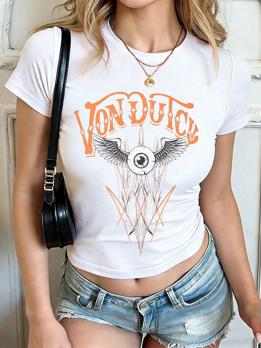 Van Dutch Retro Cursive Script Letter Graphic T-Shirt For Women, Y2K Streetwear Slim Fit Crop Top, Casual Solid Color Crew Neck Short Sleeve Slim Fit Cropped T-Shirt Basic Summer Polyester Top, Versatile Everyday Wear, Perfect Gift For Her - 白色 - 查看 1