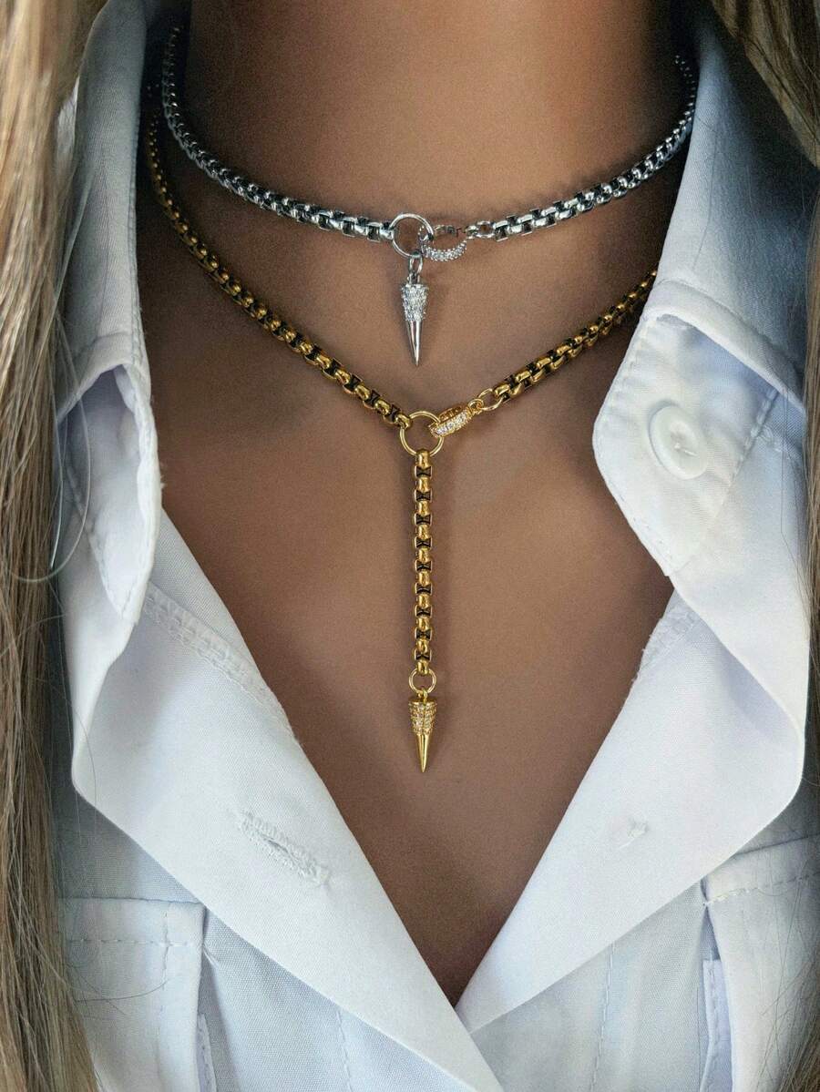 1 pieza Collar con colgante para mujer, incluye colgante de cono con strass plateado, colgante de cono con strass dorado, broche universal con strass dorado y broche universal con strass plateado, diseño de colores contrastantes, de moda y versátil, adecuado para uso diario o como regalo - Multicolor - Ver 1