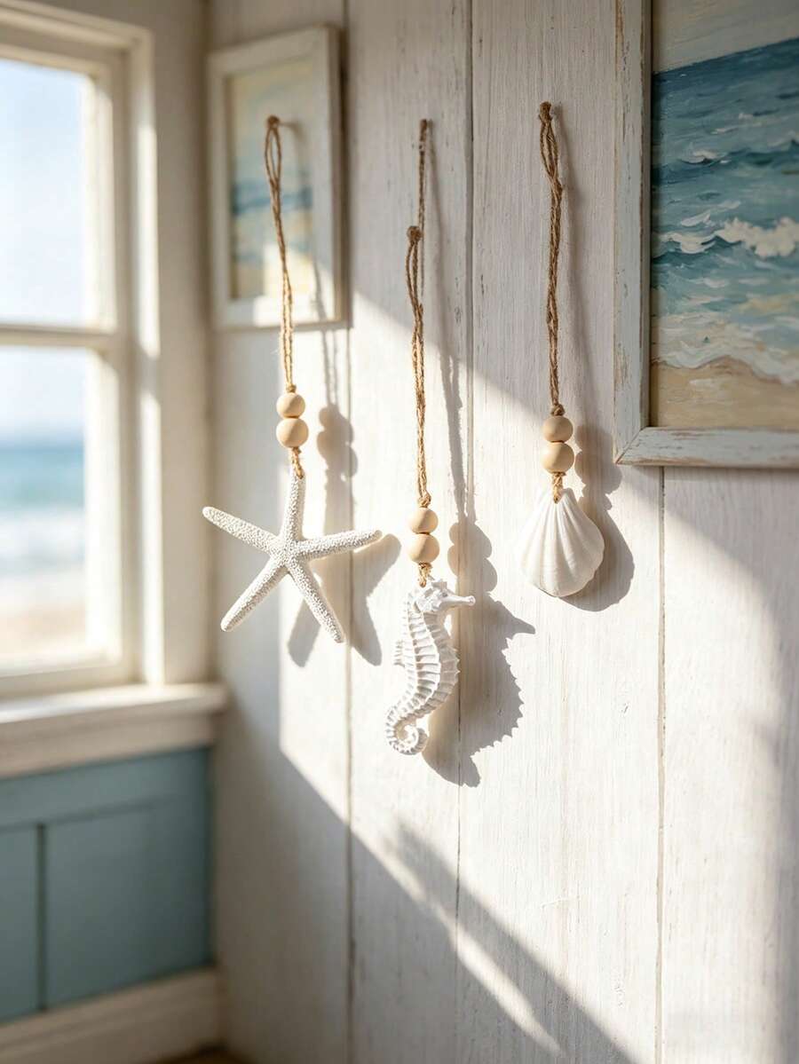 Bộ 3 món đồ trang trí treo tường chủ đề đại dương, hình sao biển trắng, cá ngựa và vỏ sò với hạt gỗ, đồ trang trí tường thủ công phong cách Boho, đồ trang trí lấy cảm hứng từ bãi biển, phù hợp cho phòng khách, phòng ngủ, phòng tắm, nhà ven biển, trang trí nội thất chủ đề đại dương, đồ treo tường lấy cảm hứng từ bãi biển, phù hợp với phong cách trang trí ven biển và kỳ nghỉ biển, trang trí nhà cửa thư giãn và thoải mái. - Kiểu B - Xem 1