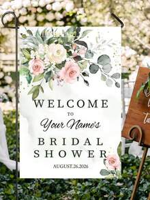 Customizable Wedding Party Pink Rose & Green Leaf Pattern Garden Flag, With "Welcome To The Wedding Party" Text, Can Add Custom Name And Date - Multicolor - View 6
