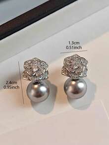 1 Pair Vintage French Style Gray Faux Pearl Elegant Camellia Flower Earrings, Unique Gentle Daily Wear For Women - Silver + Gray - View 3