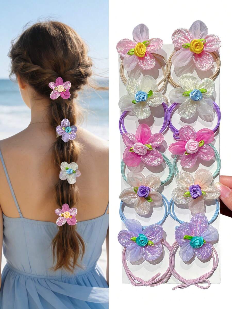 10 piezas de Scrunchies de flores de malla coloridas, lazos de pelo elásticos, estilo dulce y lindo, accesorios para el cabello de mujer. Adecuado para uso diario casual, viajes, citas, festivales, cumpleaños.
