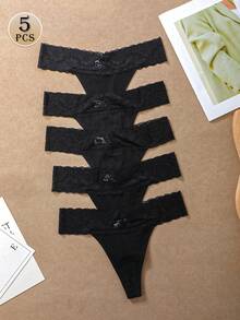5pcs Sexy Lace Thong Panties, Low Waist, High Elasticity, V-Shape Waistband Women's Underwear, Spring/Summer - Black - View 13