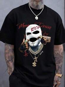 ‌   Camiseta corta de cuello redondo para hombre, holgada y versátil con estampado de emblema de moda que trae alegría.Ideal para vacaciones, viajes y actividades recreativas.Tejido suave de alta calidad ofrece máxima comodidad - Negro - Ver 1
