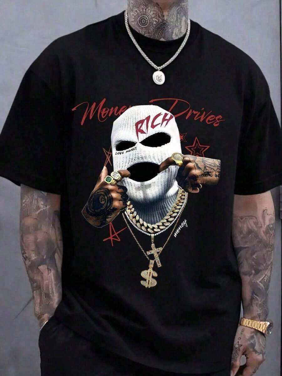 ‌   Camiseta corta de cuello redondo para hombre, holgada y versátil con estampado de emblema de moda que trae alegría.Ideal para vacaciones, viajes y actividades recreativas.Tejido suave de alta calidad ofrece máxima comodidad - Negro - Ver 1