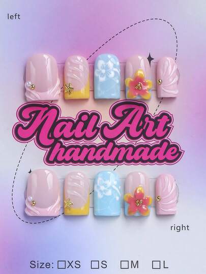 10片/套 手工方形Y2K坏女孩亚克力美甲贴片，法式贴片，饰有水钻、十字架、爱心、星星、金玫瑰、蛇皮纹、不对称液态金属设计，裸色、蓝色、金色可选，送给女性和女孩的礼物，包含工具包，适合派对、舞蹈、日常佩戴。美甲用品 手工美甲贴片