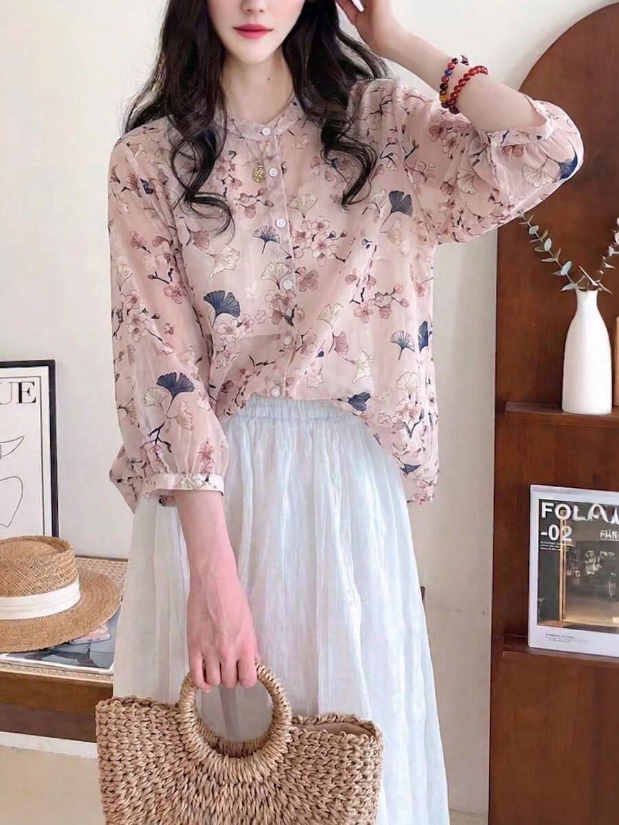 YUXIN 女士宽松复古碎花V领七分袖衬衫，夏季度假粉色春季