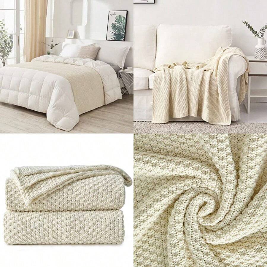 Longhui Bedding - Cobija de tejido de punto para sofá suave acogedora lavable a máquina 100 % algodón peso pesado de 1.3 kg 129.5 x 160 cm color - Crema - Ver 1