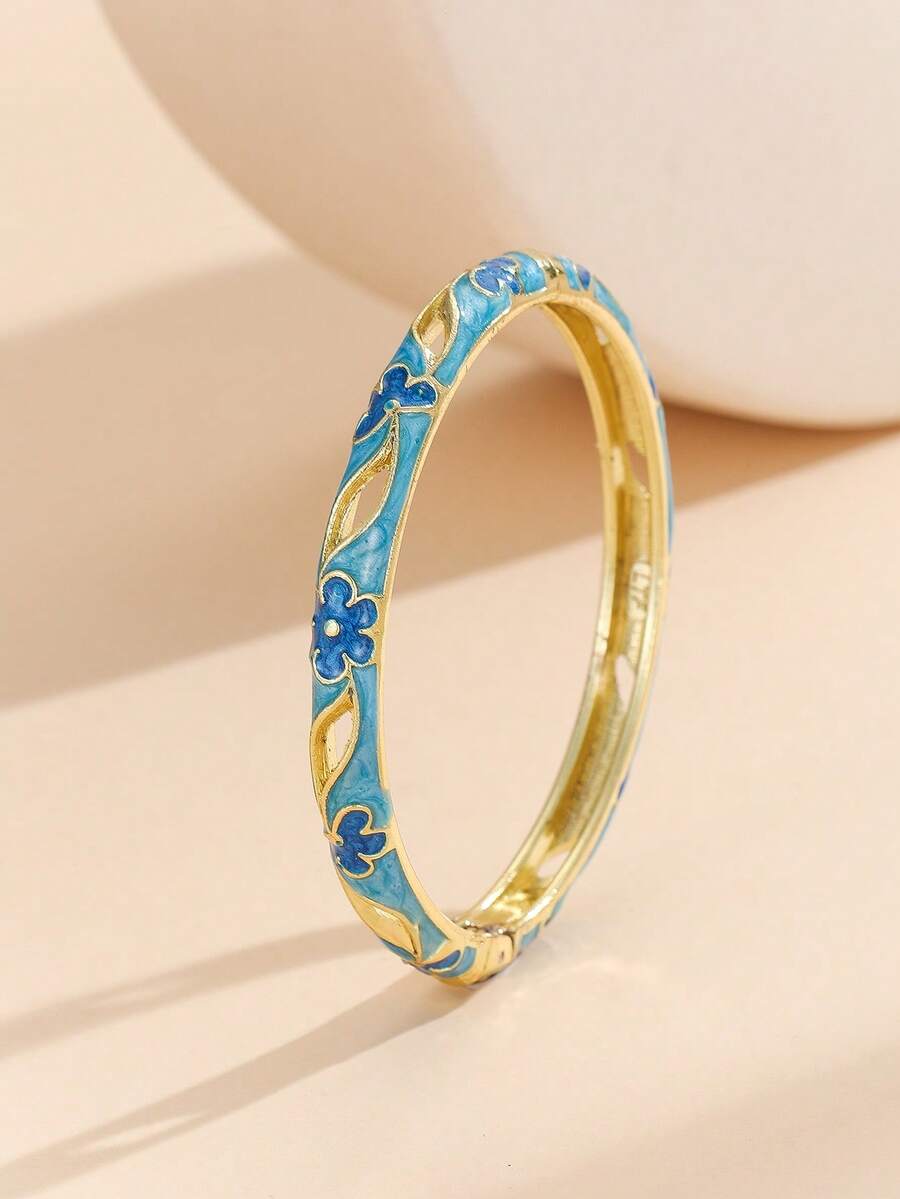 1 chiếc vòng tay thời trang kiểu mới mạ vàng, họa tiết hoa rỗng, tráng men cloisonne, trang sức dành cho bé gái và phụ nữ. - Màu xanh lam - Xem 1