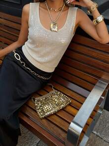 Áo tank top dệt kim đính sequin phong cách Y2K dành cho nữ, áo vest len không tay cổ tròn màu be thanh lịch, áo crop top lấp lánh thoải mái cho mùa hè, tiệc tùng và câu lạc bộ. - Màu be - Xem 4