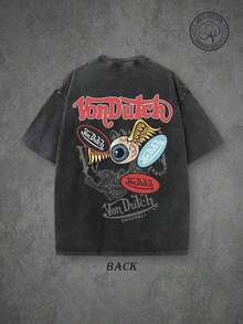 Vons Dutchs Originals Double-Sided Print Washed T-Shirt, Flying Eyeball & Tiger Retro Kustom Kulture Graphic Tee, Premium Cotton Vintage Streetwear, High Quality T-Shirt, Classic Washed Shirt, Washed Pure Cotton T-Shirt, Casual Style, Perfect Gift Choice, Comfortable, Fashion Street Style Pure Cotton T-Shirt. - màu đen - Xem 2