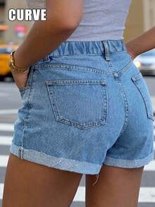 Plus Size Women's Casual Cuffed Wide Leg Light Wash Denim Shorts, Versatile For Summer - Medium Wash - View 5