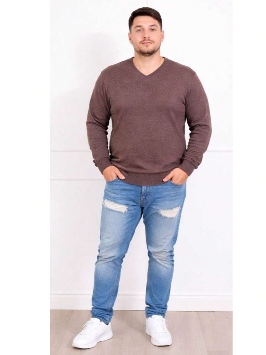 Plus Size Men's Winter Sweater/Blouse With V-Neck, Sizes G1-G4 - 棕色 - 查看 1