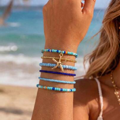 6 Stücke/Set Boho Seestern Perlen Armband Set, geeignet für Strand, Alltag, Reisen, Alltag-Outfit, Muttertag, Geburtstagsgeschenk