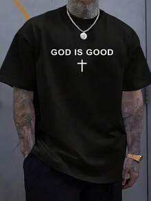God Is Good Cross Christian Minimalist Religious Faith T-Shirt. Men's Loose Fit, Suitable For All Seasons, Breathable, Sweat-Absorbent, Soft, Round Neck, Short Sleeves, Casual Wear, Suitable For Daily Commuting And Home Leisure, 2026 New Year Party Street Style Clothing - 黑色 - 查看 2