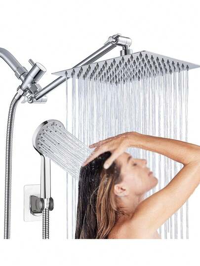 8Inch High Pressure Rain Shower Head/Handheld Shower Combo With 11Inch Extension Arm, 5 Adjustable Anti-Leak Shower Heads, Bracket/Hose Included, Height/Angle Adjustable (Black), Home Bathroom Decor, Summer Bathroom Accessory