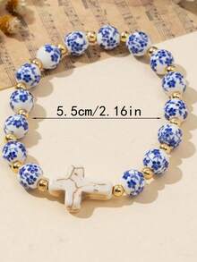 无包装盒，中国风复古优雅手工饰品绿松石十字架蓝白瓷珠手链 - 藍色 - 查看 4