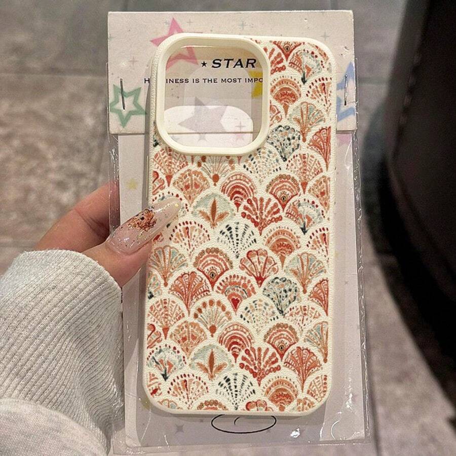 1pc TPU Material Retro Fan-Shaped Floral Pattern Phone Case Compatible With IPhone 17 Pro Max/17/16 Pro Max/15/13/12/11, S20 FE/A15/S24/A55, Note 11/Note 12/Note 13 Pro, Full Coverage Anti-Fall Soft Shell Phone Protective Cover - White - View 1