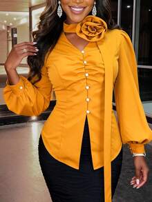 AOMEI Women's Elegant Long Petal Sleeve Ruffle V-Neck Floral Decor Blouse, Suitable For Office Work And Daily Wear - Mustard Yellow - View 3