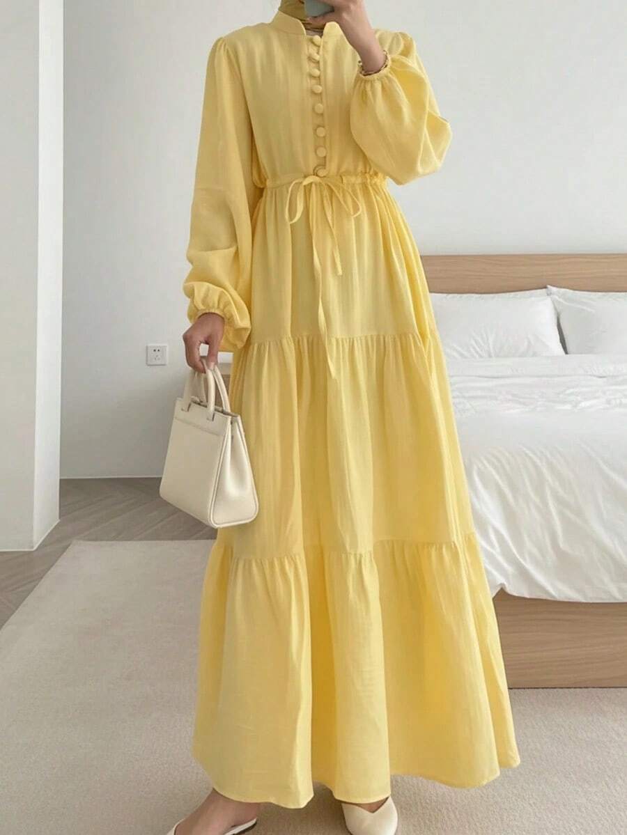 Women's Elegant Solid Color Button Waist Tie Knot Casual, Birthday Party, Formal Evening, Date Lantern Sleeve Hem Patchwork Dress, Autumn/Winter Spring - 黃色 - 查看 1