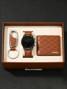 3PCS Quartz Watch, Wallet & Keychain Set, PU Leather Strap, Versatile For Daily Wear, Holiday Gift - Brown - View 1