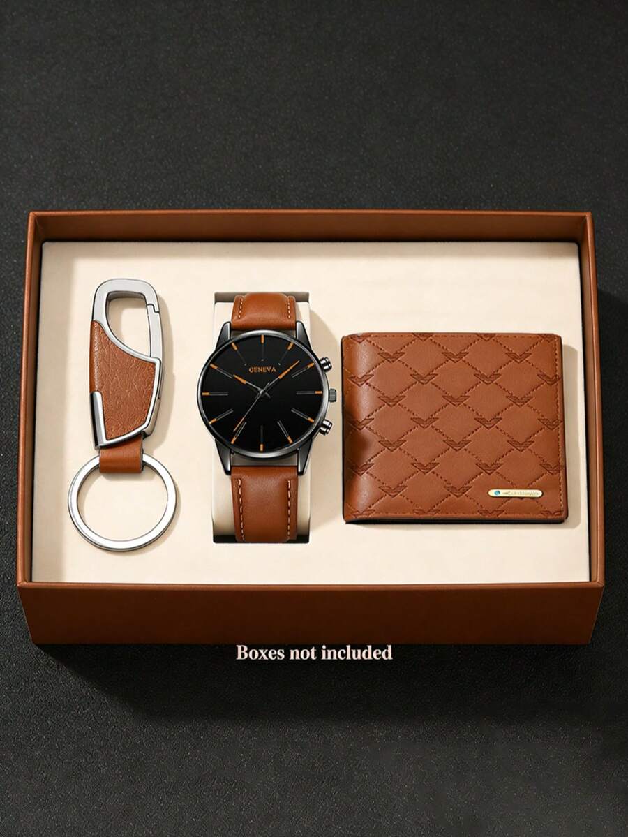 3PCS Quartz Watch, Wallet & Keychain Set, PU Leather Strap, Versatile For Daily Wear, Holiday Gift - Brown - View 1