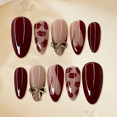 10片法式手工杏仁形美甲贴纸，渐变亚克力假指甲贴纸，DIY美甲贴纸套装，Y2K全息风格，纯色裸色、粉色、酒红色、唇印、蝴蝶结、爱心图案，表面光滑，全覆盖可重复使用美甲配件，适用于美甲沙龙、女孩和女士日常美甲、节日派对和礼物、情人节礼物、女孩礼物、美甲套装、美甲装饰、夏季旅行必备