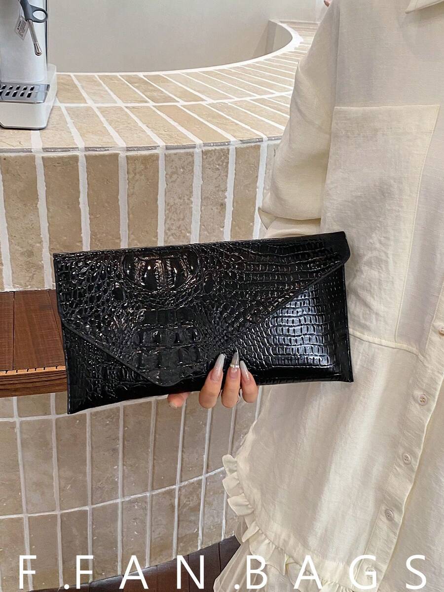 时尚纯色高品质手拿包,新款秋季鳄鱼纹休闲优雅百搭女士手提包 - 黑色 - 查看 1