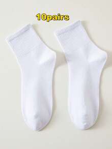 12 Pairs Women's Daily Casual Versatile Solid Color Vertical Ribbed Breathable Mid-Calf Socks - White - View 11