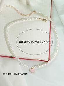 1 pieza Collar con colgante de corazón rosa y perla falsa, collar de cuentas hecho a mano para mujer, joyería minimalista, estilo francés vintage elegante, joyería de lujo hipoalergénica, perfecto para el Día de la Madre, San Valentín, bodas y celebraciones, uso diario versátil para mujer - Blanco - Ver 6