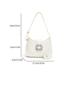 Mini Shoulder Bag With Rhinestone Decor Underarm Bag, Multifunctional And Fashionable Rhinestone Sparkling Saddle Underarm Bag PU Texture Bag Wallet Fashion Multifunctional Long Bag - White - View 2