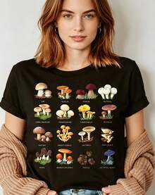 Women's 1pc Women's Mushroom Identification Chart Casual T-Shirt - Fun & Educational Mushroom Species Print, Black Style, Perfect For Everyday Wear, Holiday & Birthday Gift, Comfortable Fashion For Women AndCasual - 黑色 - 查看 2
