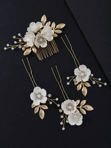 Bộ 1/4 kẹp tóc/lược cài tóc thủ công tối giản đính hoa vải và lá kim loại, ngọc trai giả, thích hợp cho cô dâu trong đám cưới, chụp ảnh hàng ngày, tiệc tùng và lễ hội. - Màu be - Xem 5