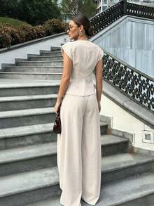 Women's Fashionable And Elegant 2-Piece Outfit, Sleeveless V-Neck Striped Blazer Top And Pleated Wide-Leg Pants Set, Summer Vacation Spring - trắng - Xem 5