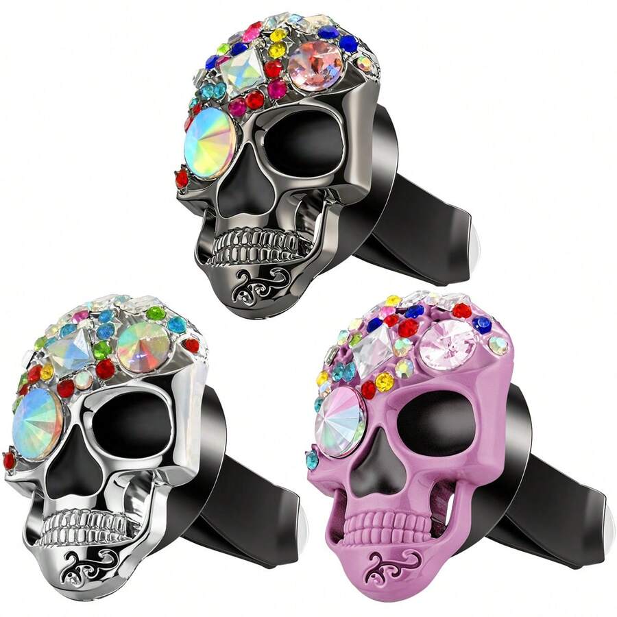1pc Sparkling Crystal Skull Car Air Vent Clip, Cute Crystal Skull Car Fragrance Air Vent Clip Decor, Shimmering Rhinestone Skull Diffuser Clip, Flashing Car AC Vent Decoration - Diamond-encrusted Skull - View 1