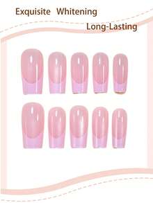 24pcs Medium Square Pressed Elegant Cat Eye French Style Full Cover False Nails, Suitable For Women & Girls Party, Office, Daily Wear, Includes 1 Adhesive Sticker Sheet And 1 Mini Nail File, Random Jelly Gel Color - Multicolor - View 3