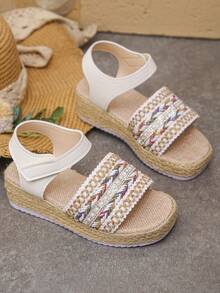 Sandalias de plataforma tejidas nuevas de verano para niñas, con diseño de cierre de gancho y bucle, adecuadas para uso diario - Blanco - Ver 5