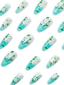 24 uñas postizas de flor azul transparente de longitud media, pegatinas de uñas florales azules desmontables, convenientes para uso diario, fiesta y vacaciones - Celeste - Ver 5