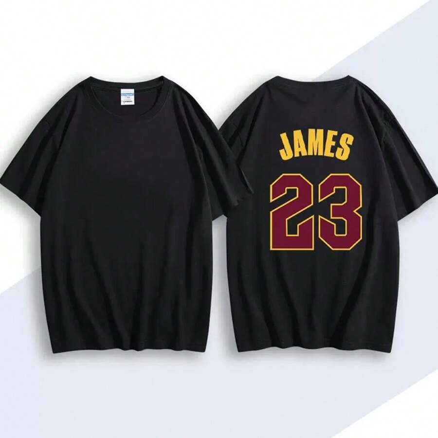 Retro Jāēes #23 Basketball Jersey Print Oversized T-Shirt, 100% Cotton Vintage Basketball Short Sleeve Tee, Unisex Retro Streetwear - 黑色 - 查看 1