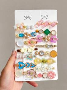 20pcs Elegant Women's Hair Clips, Faux Pearl Floral & Heart Design, Versatile Styles For Daily And Party Wear, Recommended Gift For Back To School Season (No Card Included),Travel,Birthday - Multicolor - View 7