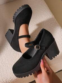 2026 New Black Buckle Strap Thick Sole Mary Jane Shoes, Retro Versatile Thick Heel Low Vamp Shoes, Commuting & Dating Height Increasing Slimming Lolita JK Uniform Shoes, Quality Material Comfortable Wear, Non-Slip Durable Rubber Outsole, 7.5CM Height Increase Thick Heel Shoes Suitable For All Seasons - Black - View 4