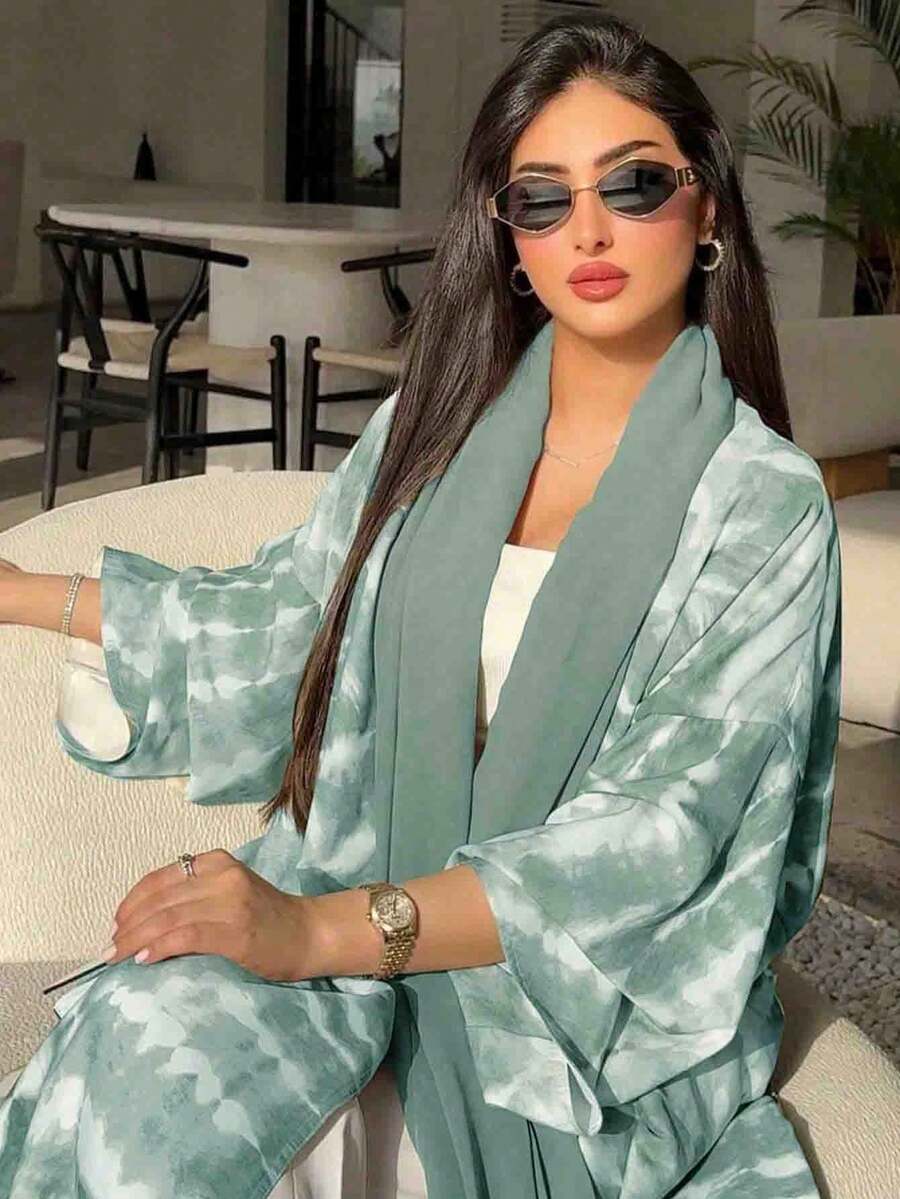 1pc Elegant Classic Printed Women's Abaya Robe, Radiating Graceful Elegant. Suitable For All Seasons And Different Cultural Events, Also Suitable For Daily Matching, Gatherings, Festivals And Outings, Reflecting Fashionable Style. Spring - Mint Green - View 1