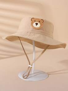 1 pieza Sombrero de ala ancha beige para niños, parche de oso lindo, tela suave y transpirable, cordón ajustable, adecuado para juegos al aire libre y campamento diarios - 1PC - Ver 16